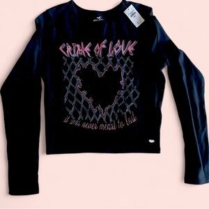 Hollister Black Long Sleeve Tee with Pink Heart Design-NWT